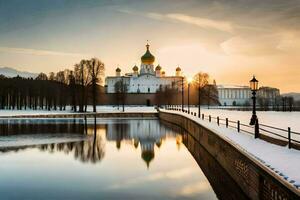 el kremlin a puesta de sol con un río y un puente. generado por ai foto