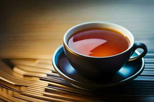 a cup of tea on a wooden table. AI-Generated photo
