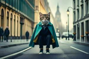 a cat wearing a mask and coat on the street. AI-Generated photo