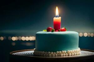 un azul cumpleaños pastel con un iluminado vela. generado por ai foto