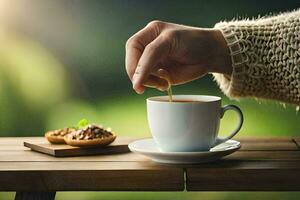 un persona es torrencial té dentro un taza en un mesa. generado por ai foto