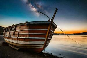 a boat sits on the shore at sunset. AI-Generated photo