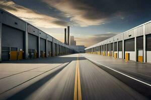 a long empty warehouse with a sky background. AI-Generated photo