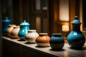 a row of colorful vases on a shelf. AI-Generated photo