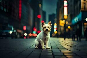 un pequeño perro sentado en el calle en un ciudad a noche. generado por ai foto