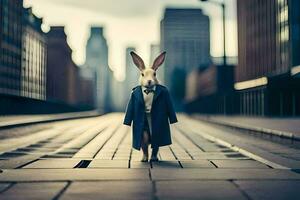 a rabbit wearing a suit and tie standing on a street. AI-Generated photo