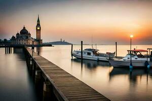 boats docked at the pier in front of a church. AI-Generated photo