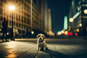 a dog sitting on the street at night. AI-Generated photo