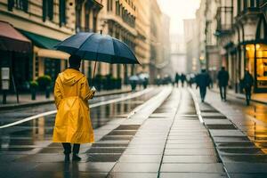 a woman in a yellow raincoat walking down a street with an umbrella. AI-Generated photo