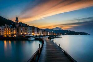 a pier at sunset in a city with buildings and water. AI-Generated photo