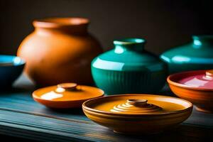 a group of colorful ceramic bowls and vases. AI-Generated photo