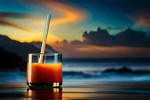 a glass of orange juice with a straw on a table in front of the ocean. AI-Generated photo