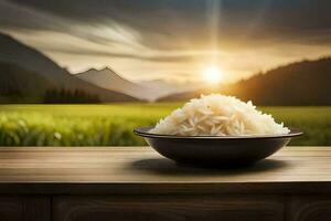 rice in a bowl on a table in front of a field. AI-Generated photo