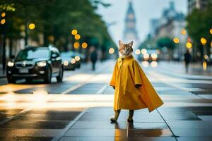 a fox dressed in a yellow raincoat walking down a street. AI-Generated photo