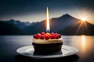 a cupcake with a candle on top of a plate. AI-Generated photo