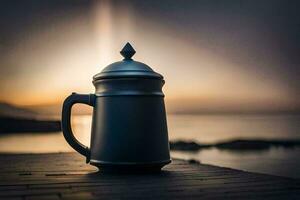 a beer mug on a dock at sunset. AI-Generated photo