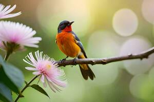 un vistoso pájaro se sienta en un rama con flores generado por ai foto