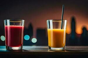 two glasses of orange juice with a straw. AI-Generated photo