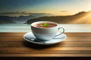 un taza de té en un de madera mesa con un ver de el mar y montañas. generado por ai foto