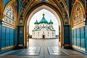 el Entrada a un Iglesia con azul y oro cúpulas generado por ai foto