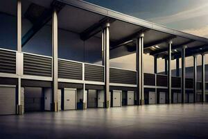 a large warehouse with a large metal roof. AI-Generated photo