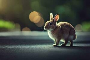 un pequeño Conejo es en pie en el la carretera. generado por ai foto