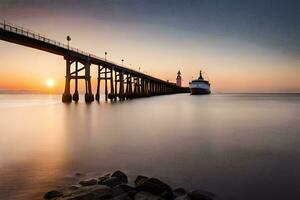 a long exposure photograph of a pier at sunset. AI-Generated photo