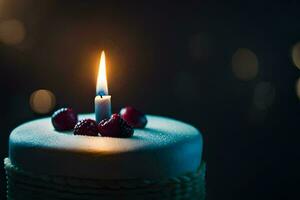 a single candle is lit on a white cake. AI-Generated photo