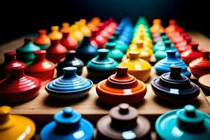 colorful ceramic pots on a table. AI-Generated photo