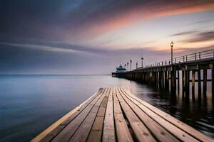 a pier at sunset with a long exposure. AI-Generated photo