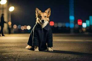 a dog in a coat sitting on the street at night. AI-Generated photo