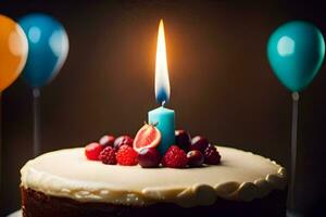 un cumpleaños pastel con un vela y un azul globo. generado por ai foto