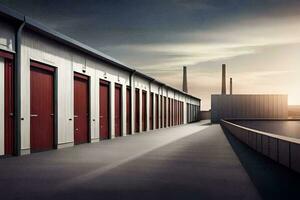 a row of storage units with red doors. AI-Generated photo