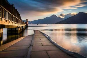 a pier in the water with mountains in the background. AI-Generated photo