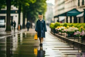 a fox in a raincoat walking down a street. AI-Generated photo