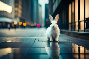 a white rabbit standing on a wet street. AI-Generated photo