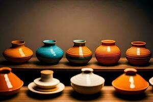 a row of colorful vases on a shelf. AI-Generated photo