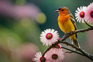 un pájaro se sienta en un rama con rosado flores generado por ai foto