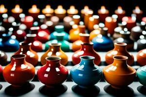 a row of colorful vases are lined up. AI-Generated photo