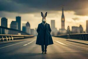 un Conejo vistiendo un traje y Corbata en pie en el la carretera. generado por ai foto