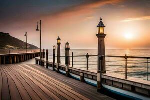 un muelle con de madera bancos y lamparas a puesta de sol. generado por ai foto