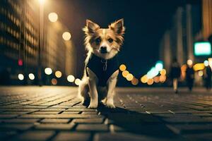 a dog standing on a street at night. AI-Generated photo
