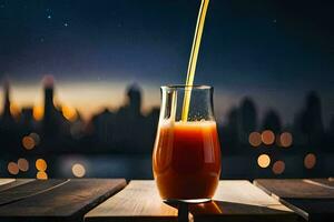 a glass of juice with a straw on a table in front of a city skyline. AI-Generated photo