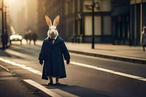 a rabbit wearing a coat and tie standing on the street. AI-Generated photo