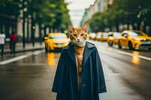 a cat in a coat standing on the street. AI-Generated photo