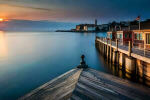 un muelle con de madera edificios y un puesta de sol. generado por ai foto