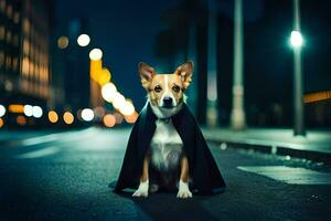 un perro vestido en un capa sentado en el calle a noche. generado por ai foto