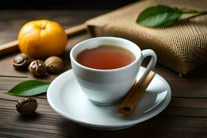 un taza de té con canela y un naranja en un de madera mesa. generado por ai foto