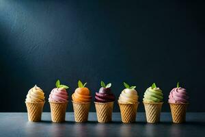 six ice cream cones with different flavors on a dark background. AI-Generated photo
