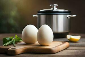 two eggs on a cutting board next to a pot. AI-Generated photo